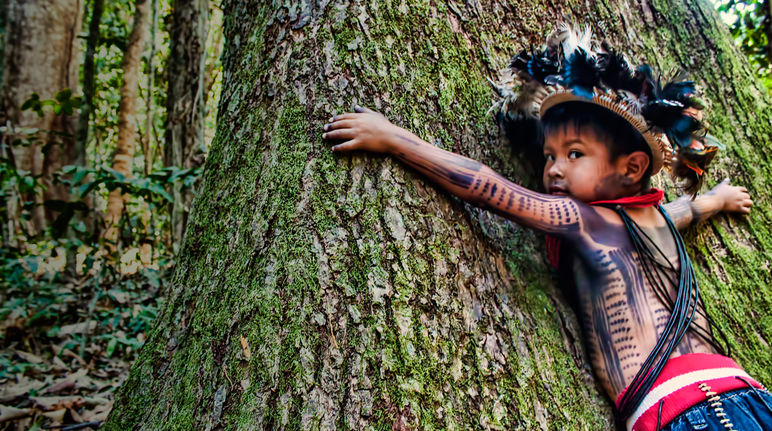 bambino indigeno che abbraccia un albero treeonfy